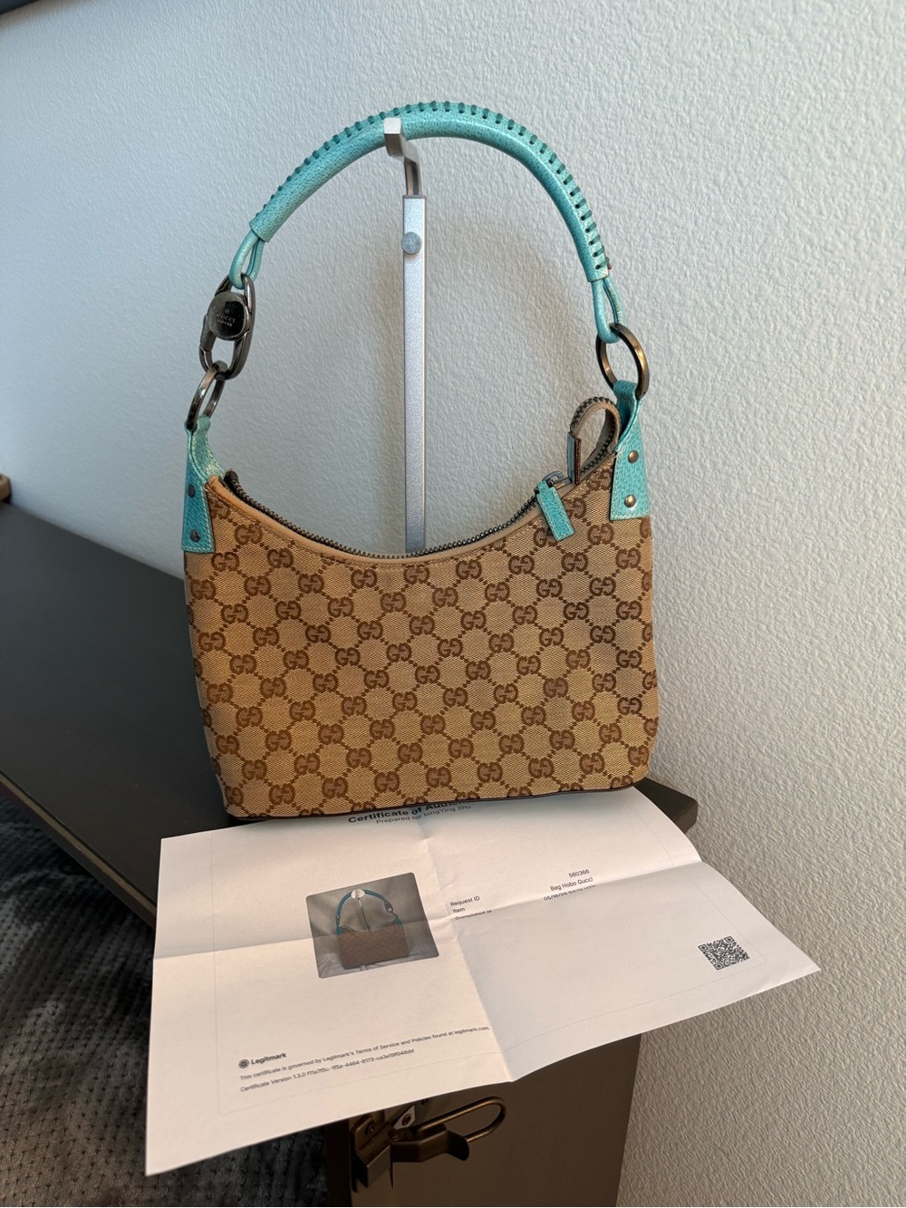 Gucci Vintage GG Canvas Hobo Bag Aqua Blue Leather Trim Authenticated